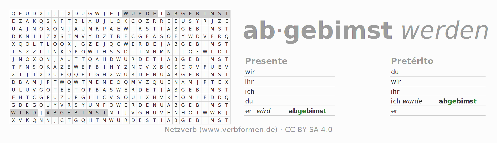 Caça-palavras com a conjugação do verbo abbimsen