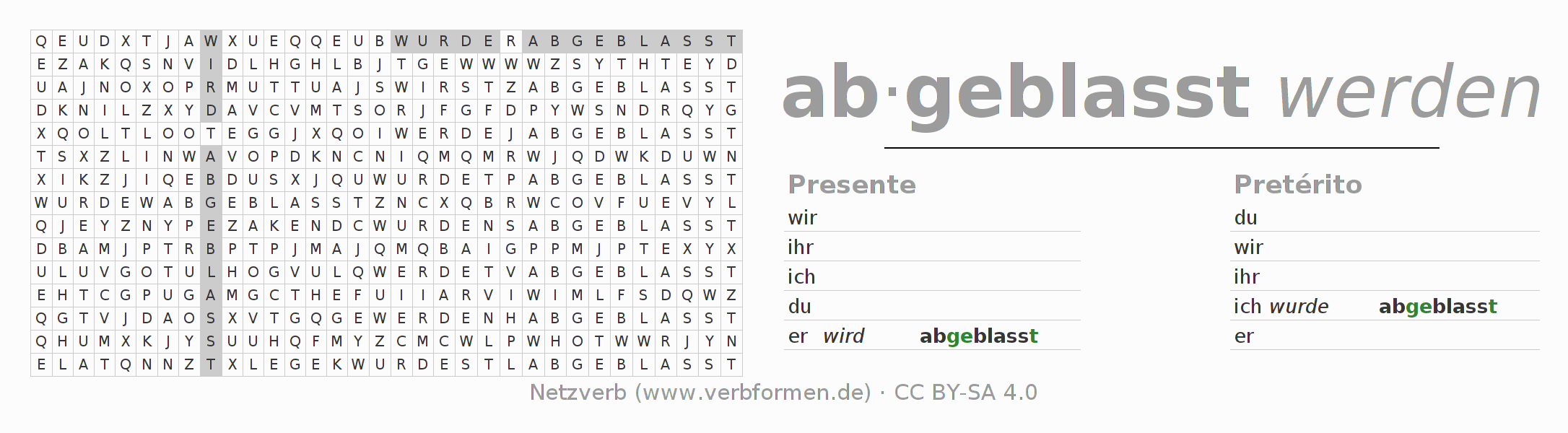 Caça-palavras com a conjugação do verbo abblassen