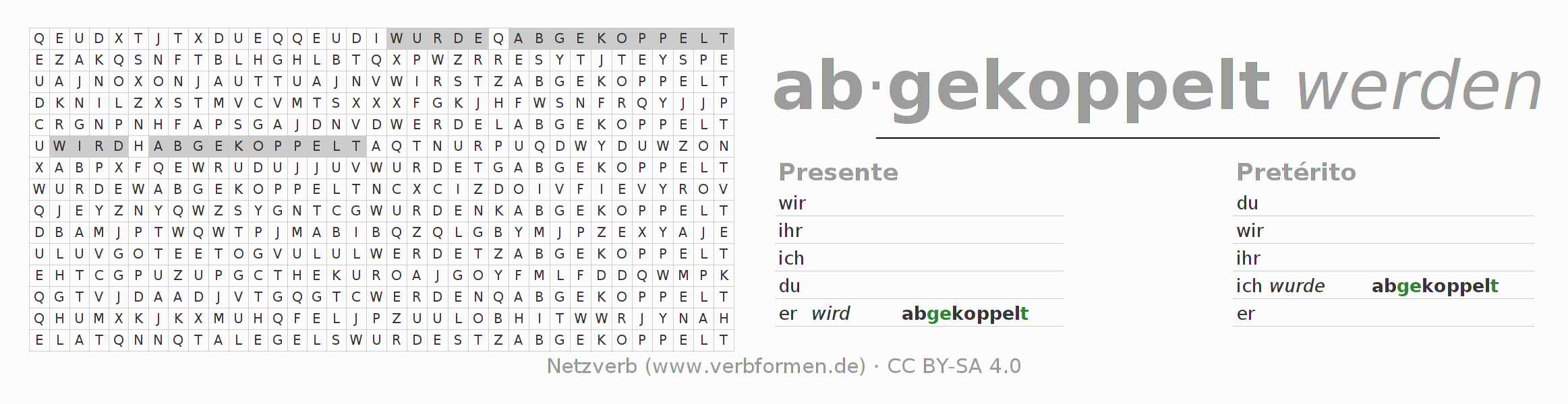 Caça-palavras com a conjugação do verbo abkoppeln