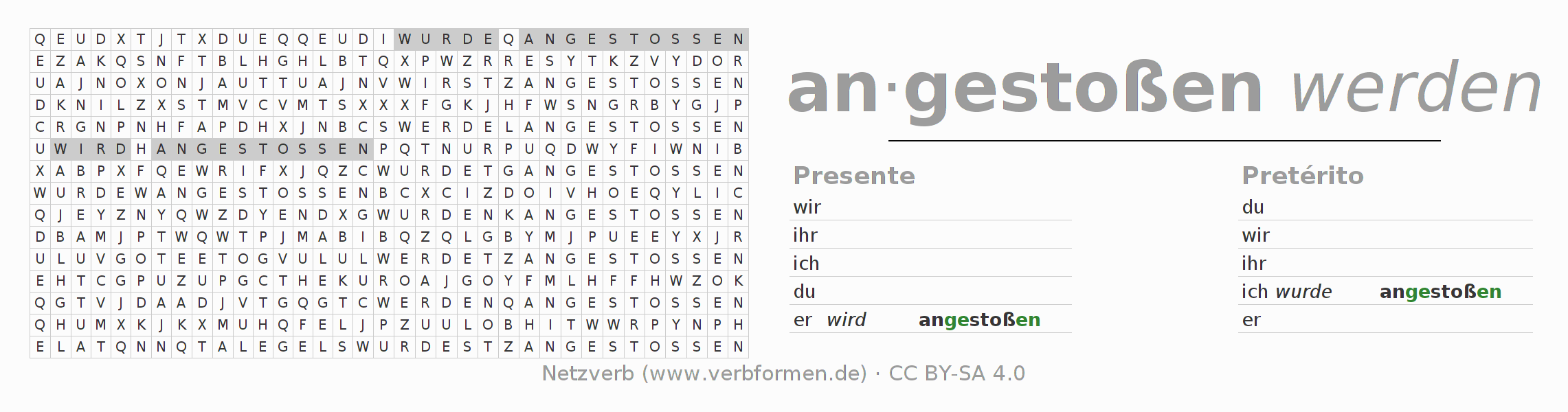 Caça-palavras com a conjugação do verbo anstoßen (hat)