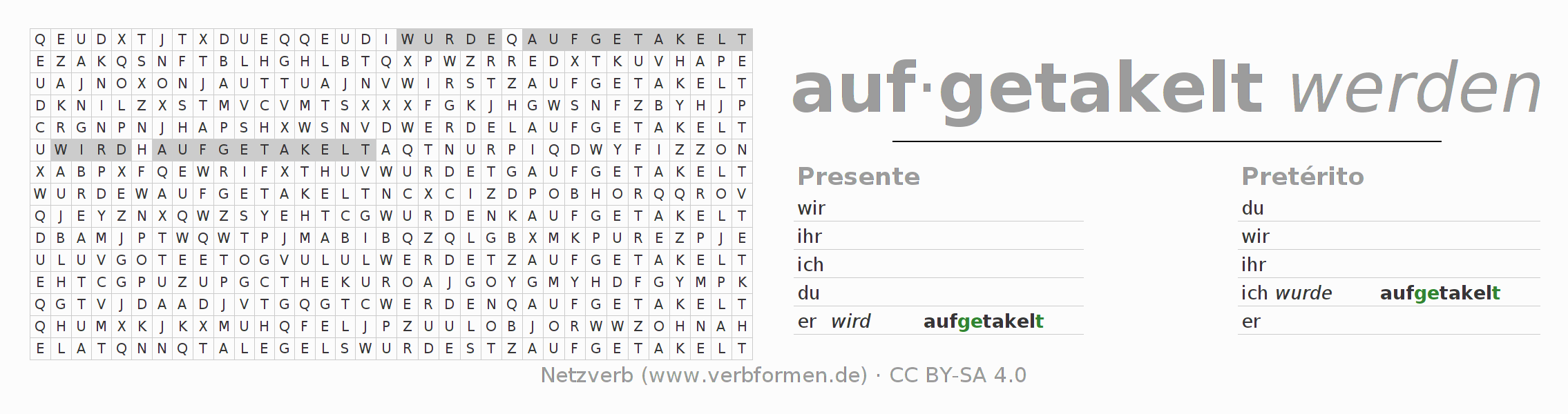 Caça-palavras com a conjugação do verbo auftakeln