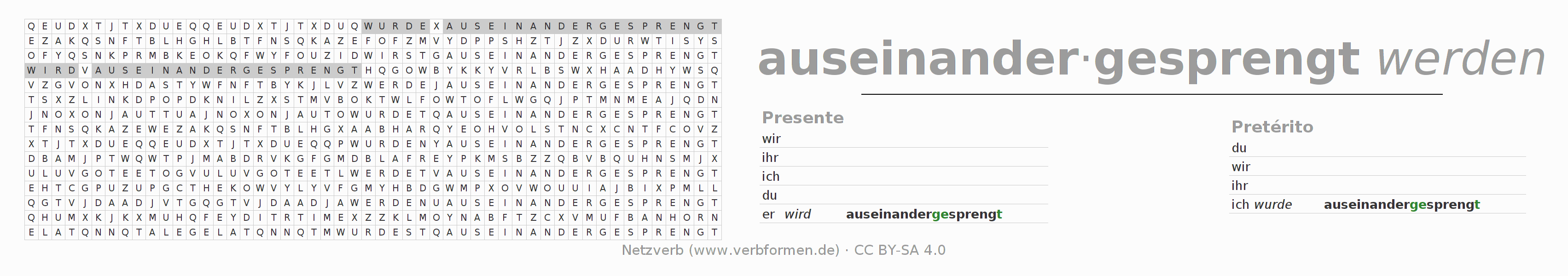 Caça-palavras com a conjugação do verbo auseinandersprengen (hat)