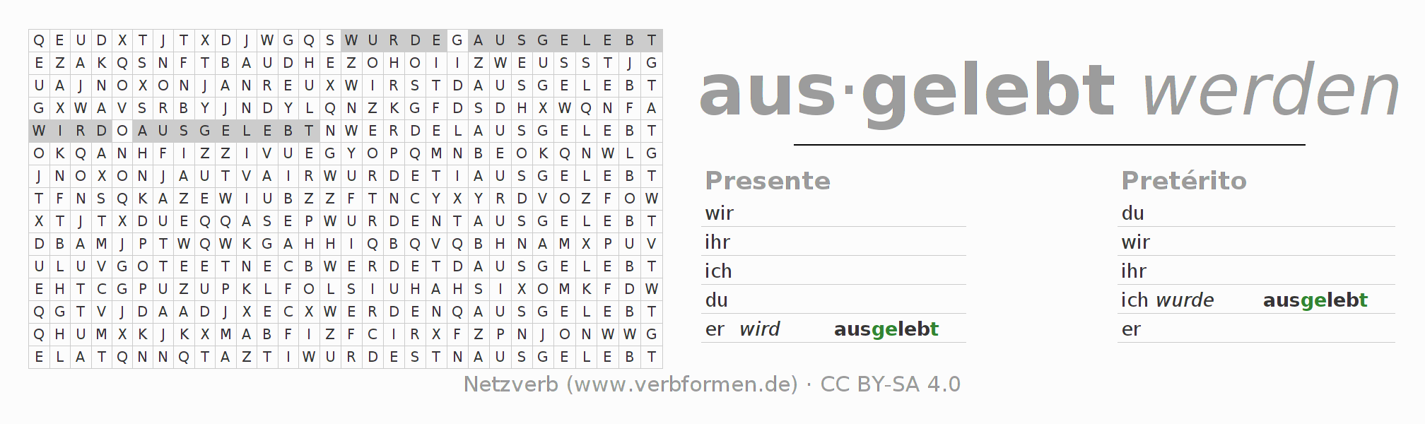 Caça-palavras com a conjugação do verbo ausleben