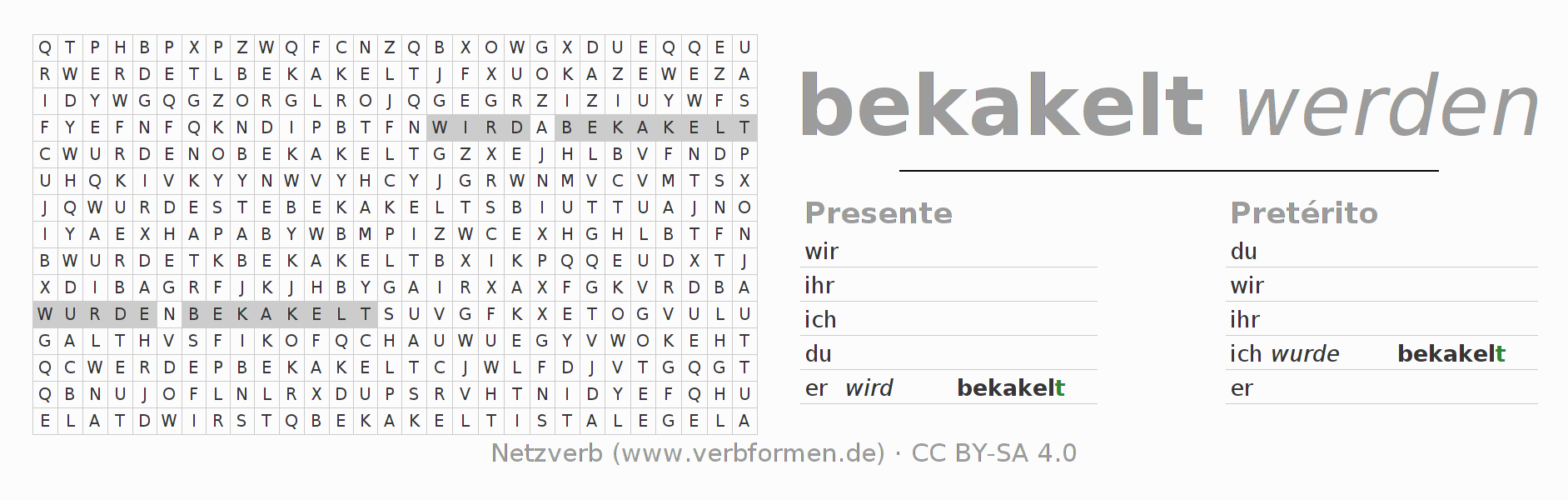 Caça-palavras com a conjugação do verbo bekakeln