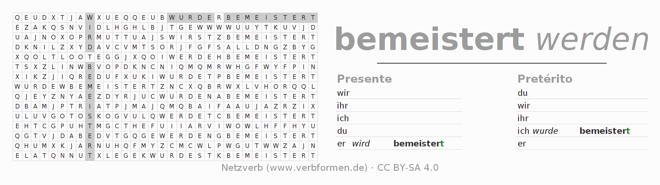 Caça-palavras com a conjugação do verbo bemeistern