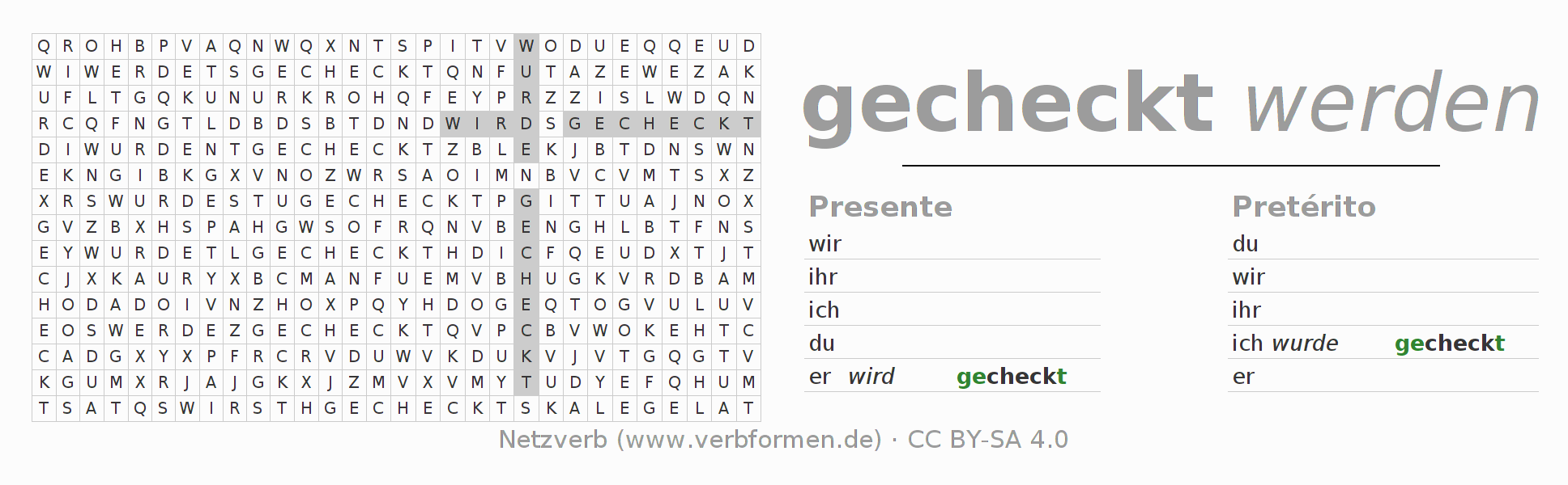Caça-palavras com a conjugação do verbo checken