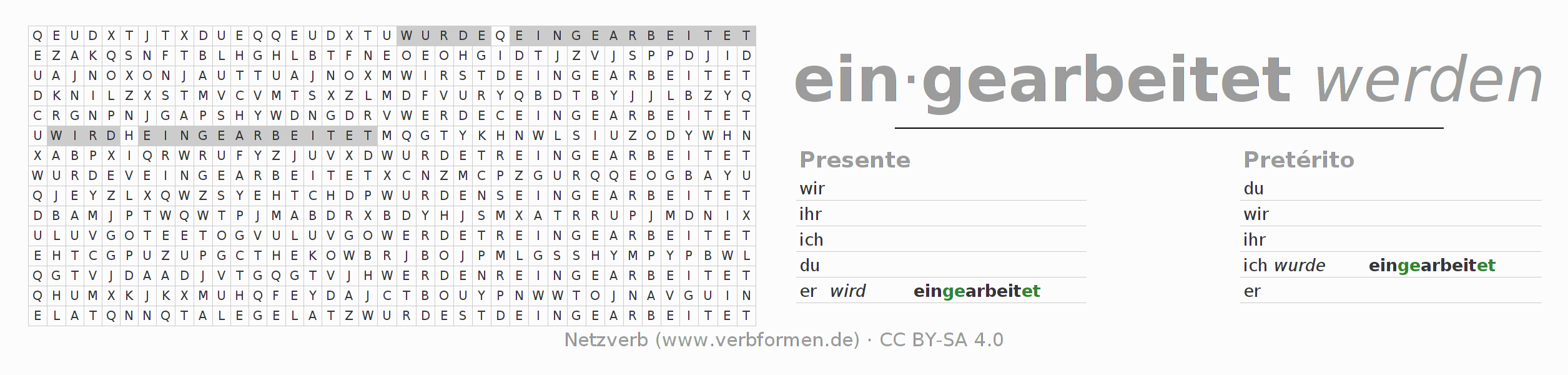 Caça-palavras com a conjugação do verbo einarbeiten