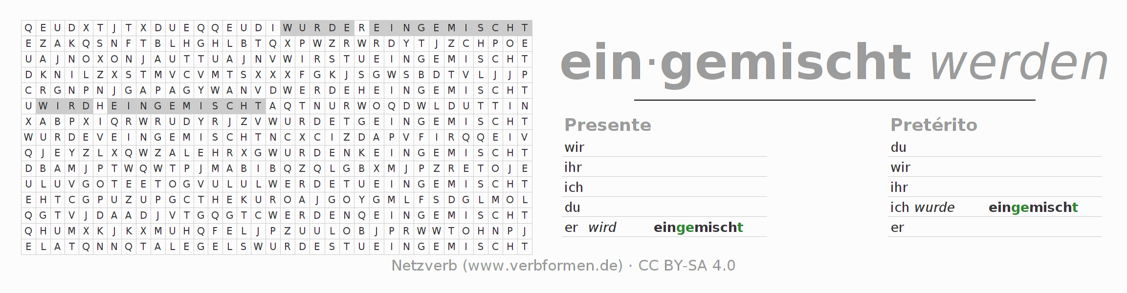 Caça-palavras com a conjugação do verbo einmischen