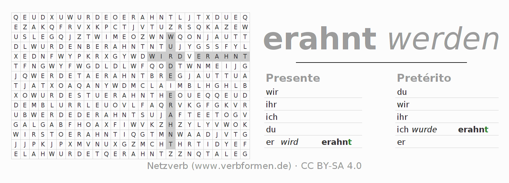 Caça-palavras com a conjugação do verbo erahnen