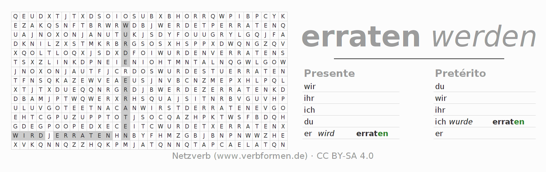 Caça-palavras com a conjugação do verbo erraten