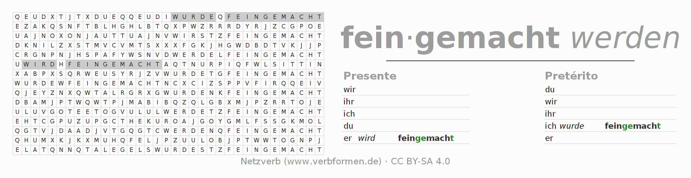 Caça-palavras com a conjugação do verbo feinmachen