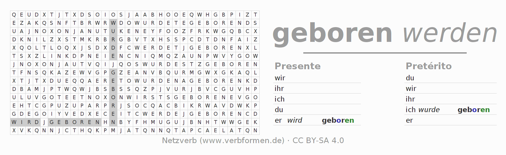 Caça-palavras com a conjugação do verbo gebären