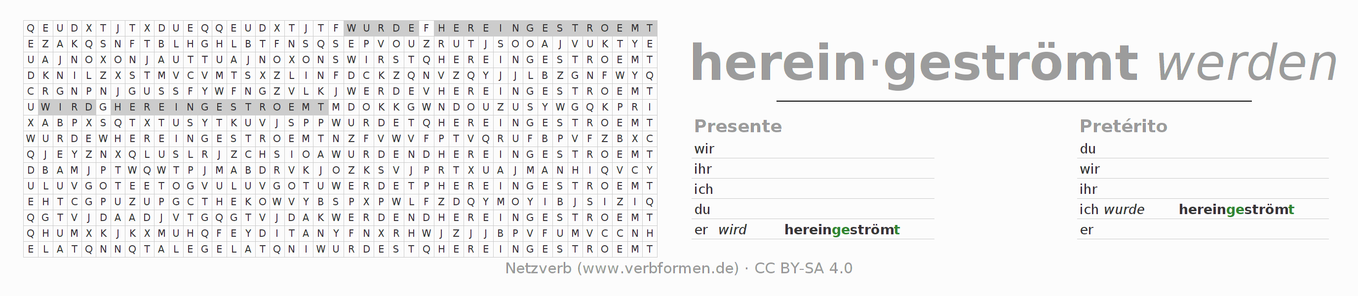 Caça-palavras com a conjugação do verbo hereinströmen