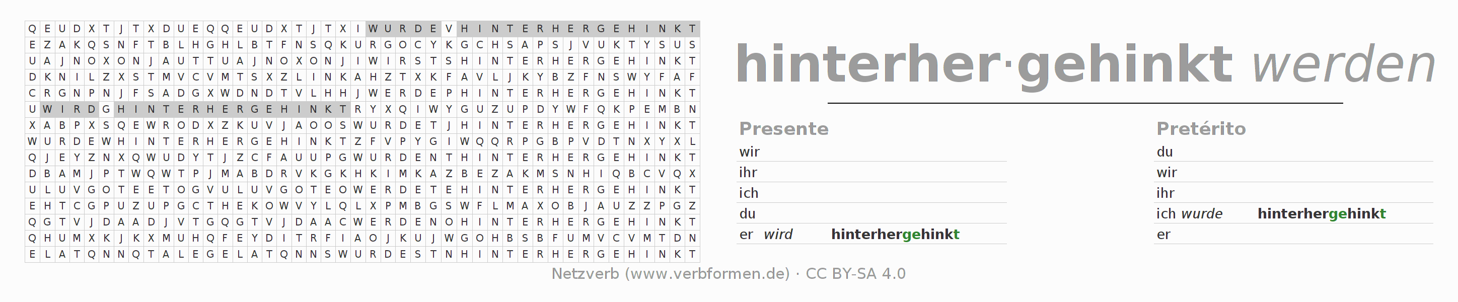 Caça-palavras com a conjugação do verbo hinterherhinken