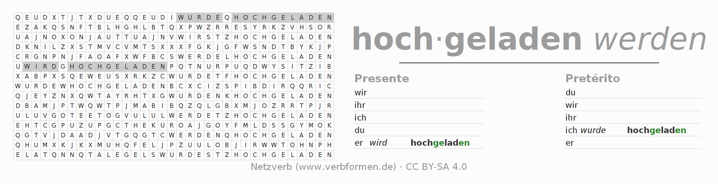 Caça-palavras com a conjugação do verbo hochladen