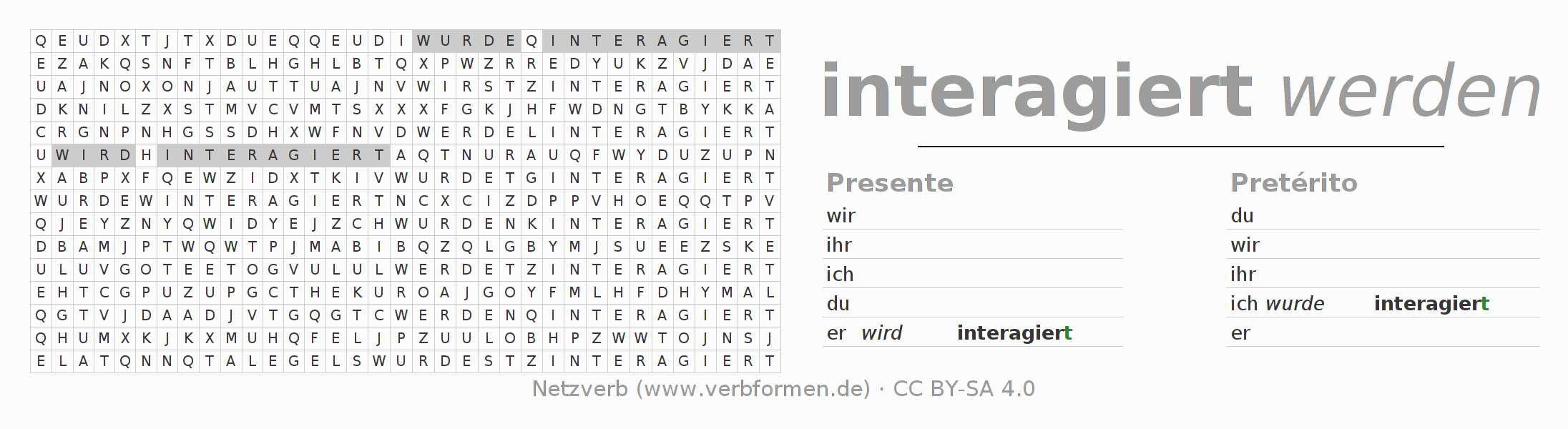 Caça-palavras com a conjugação do verbo interagieren