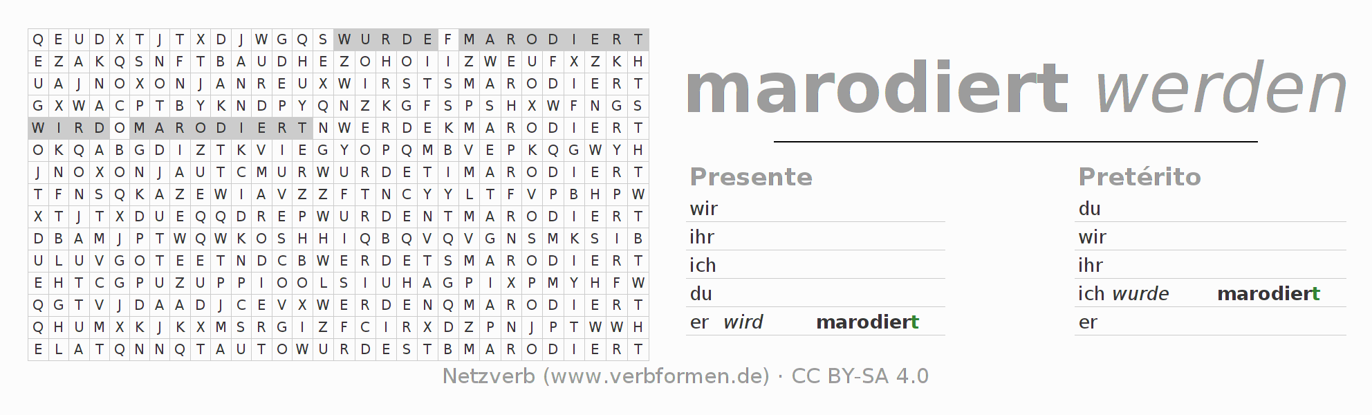Caça-palavras com a conjugação do verbo marodieren