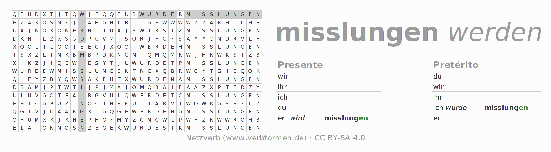 Caça-palavras com a conjugação do verbo misslingen