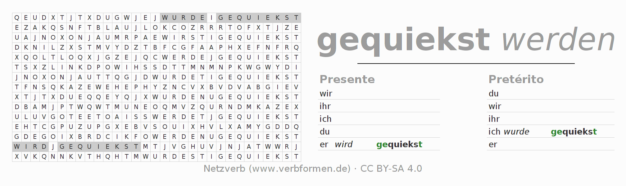 Caça-palavras com a conjugação do verbo quieksen