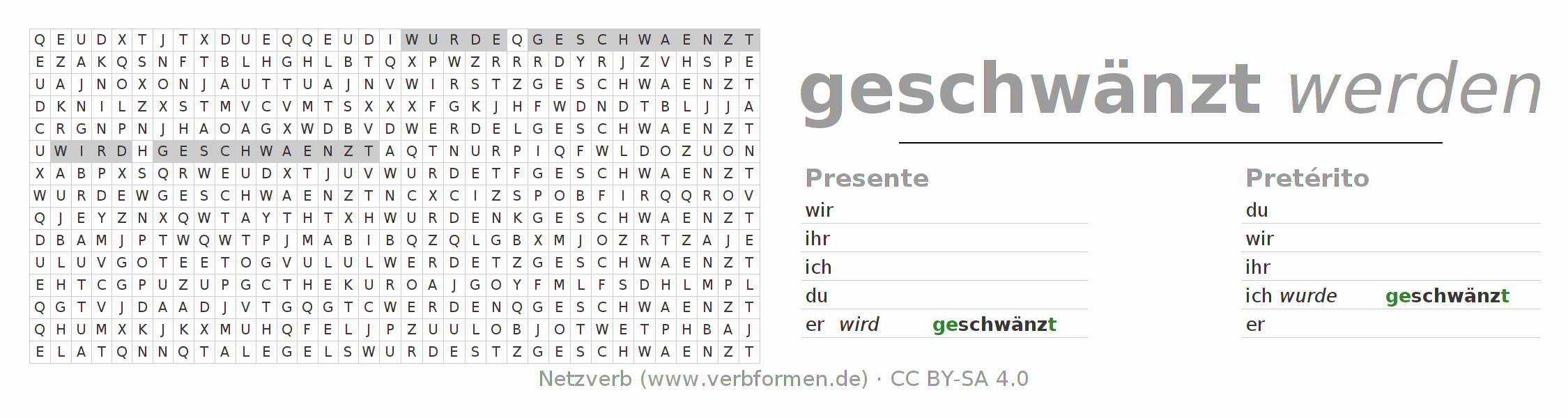 Caça-palavras com a conjugação do verbo schwänzen
