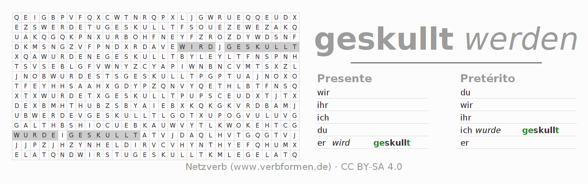 Caça-palavras com a conjugação do verbo skullen (hat)