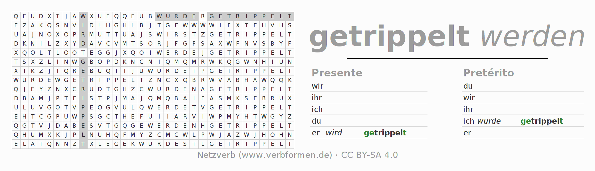 Caça-palavras com a conjugação do verbo trippeln
