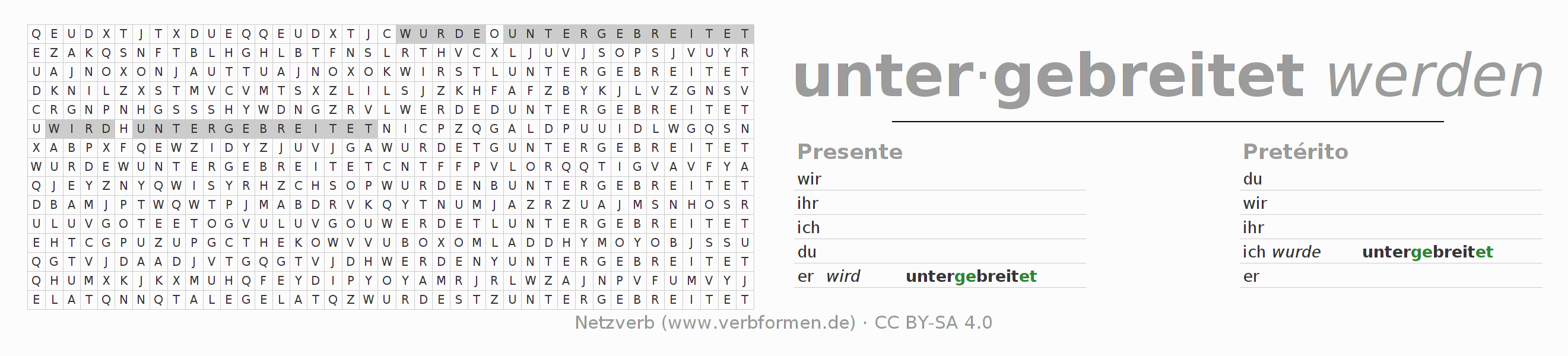 Caça-palavras com a conjugação do verbo unter-breiten