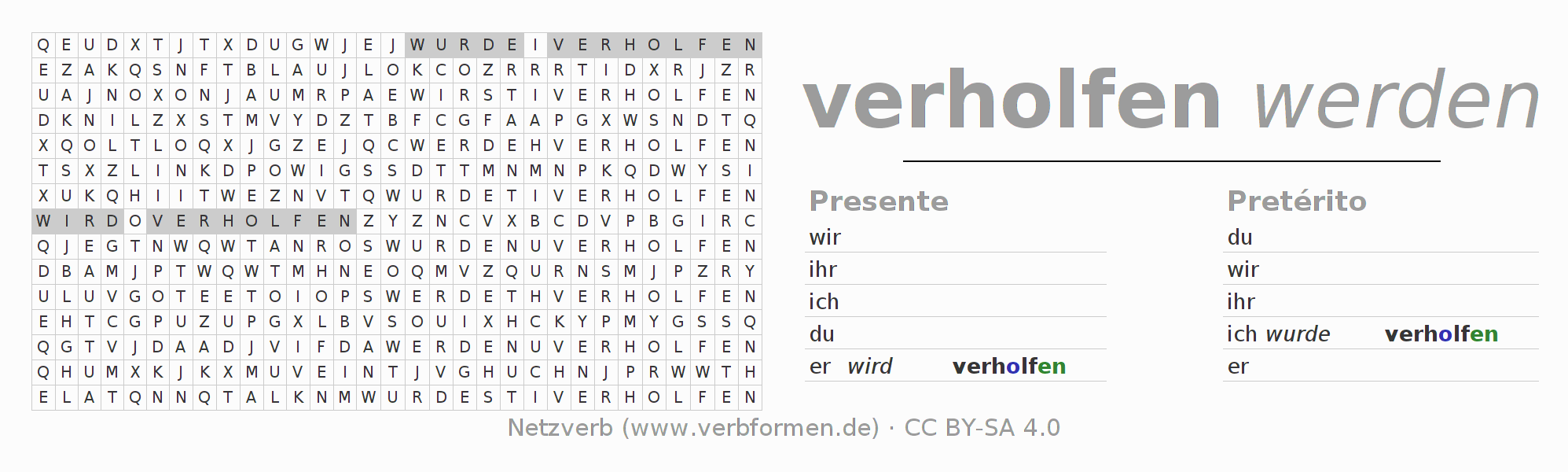 Caça-palavras com a conjugação do verbo verhelfen