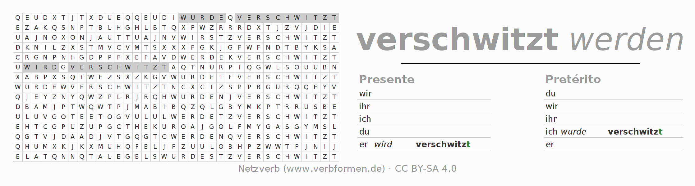 Caça-palavras com a conjugação do verbo verschwitzen (hat)