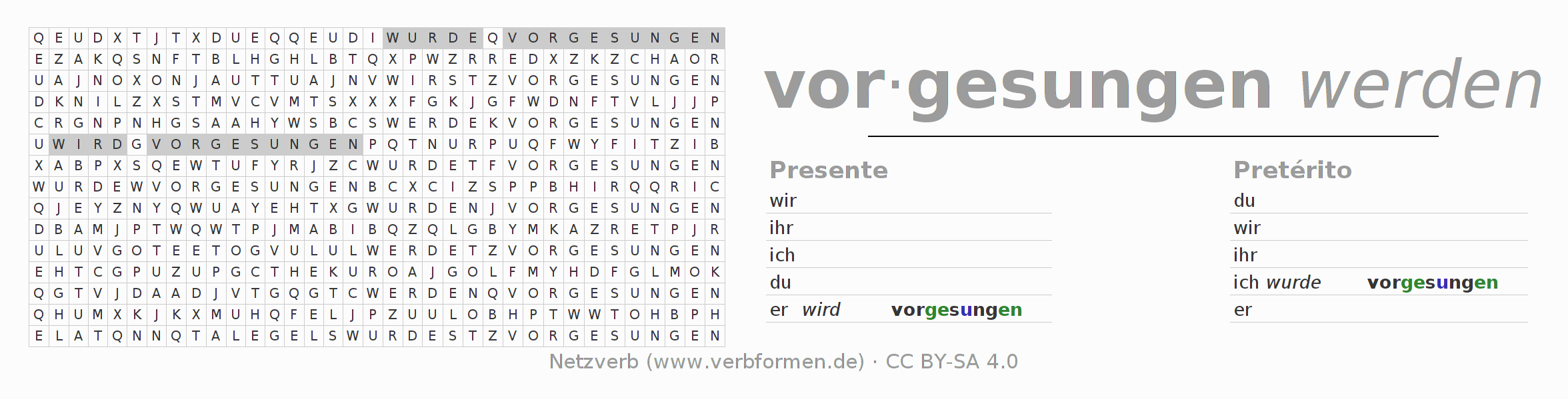 Caça-palavras com a conjugação do verbo vorsingen