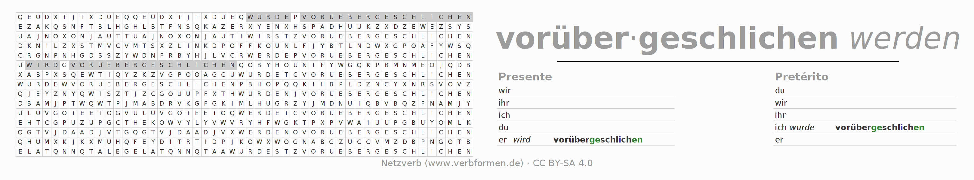 Caça-palavras com a conjugação do verbo vorüberschleichen (hat)