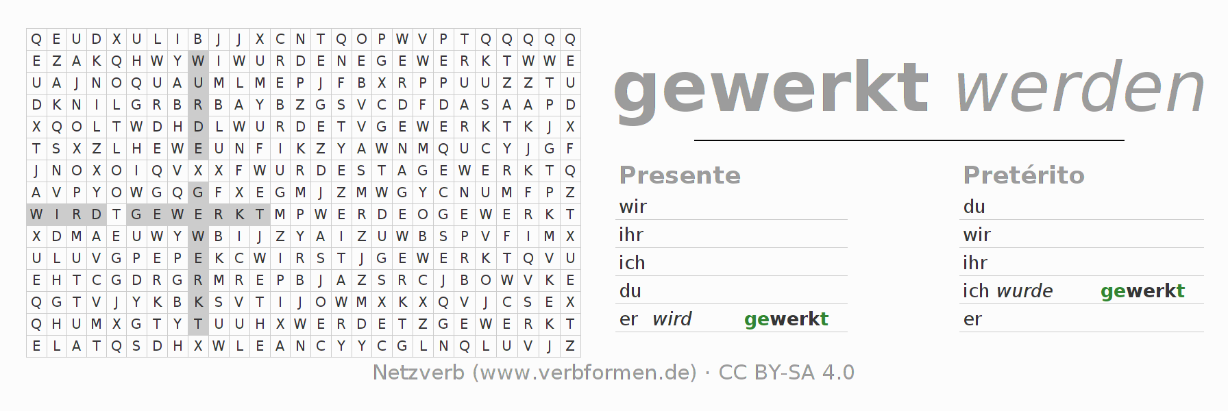 Caça-palavras com a conjugação do verbo werken