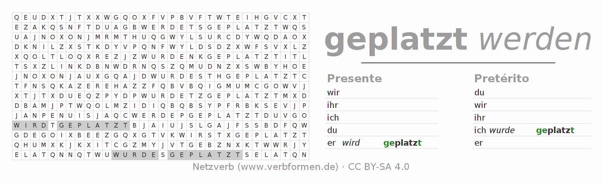 Caça-palavras com a conjugação do verbo platzen