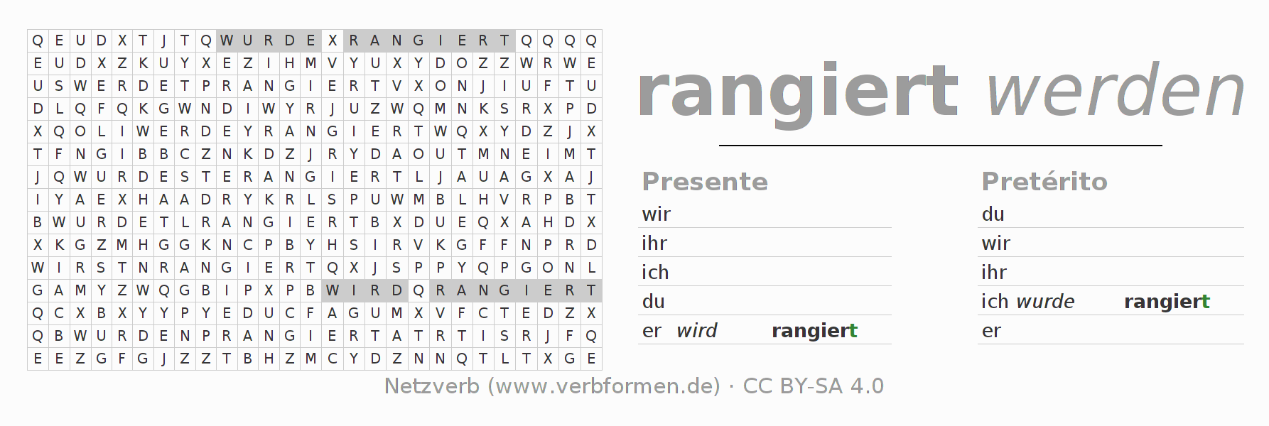 Caça-palavras com a conjugação do verbo rangieren