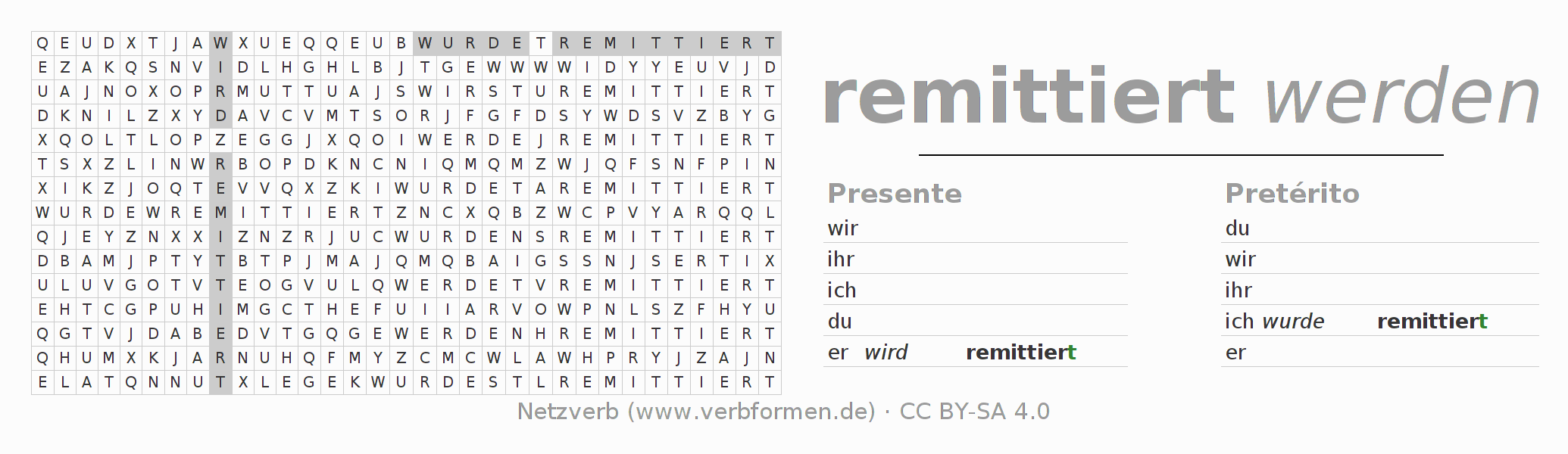 Caça-palavras com a conjugação do verbo remittieren