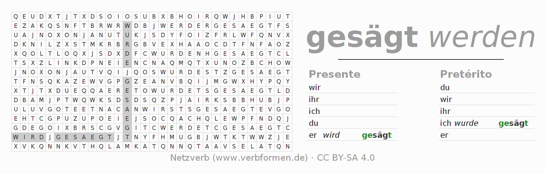 Caça-palavras com a conjugação do verbo sägen