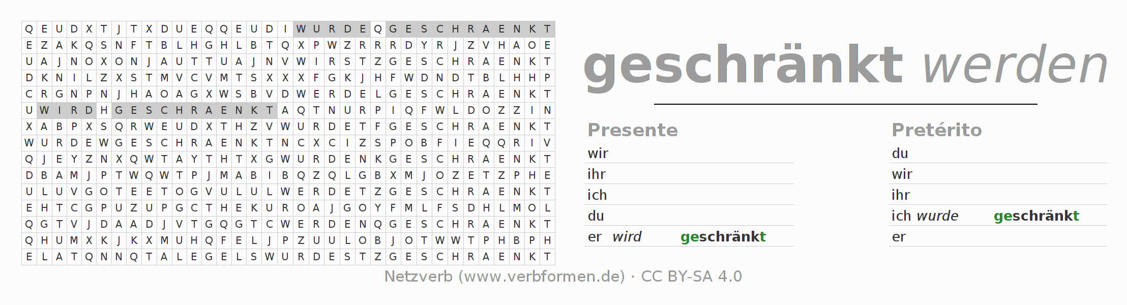 Caça-palavras com a conjugação do verbo schränken
