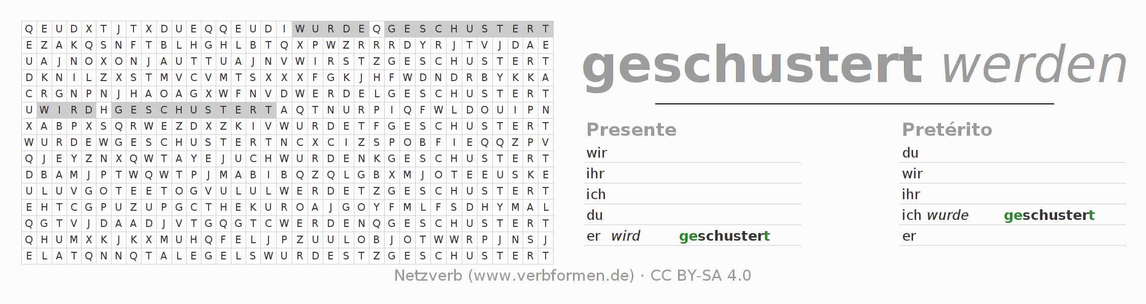Caça-palavras com a conjugação do verbo schustern