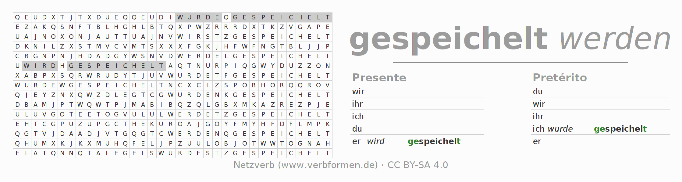 Caça-palavras com a conjugação do verbo speicheln