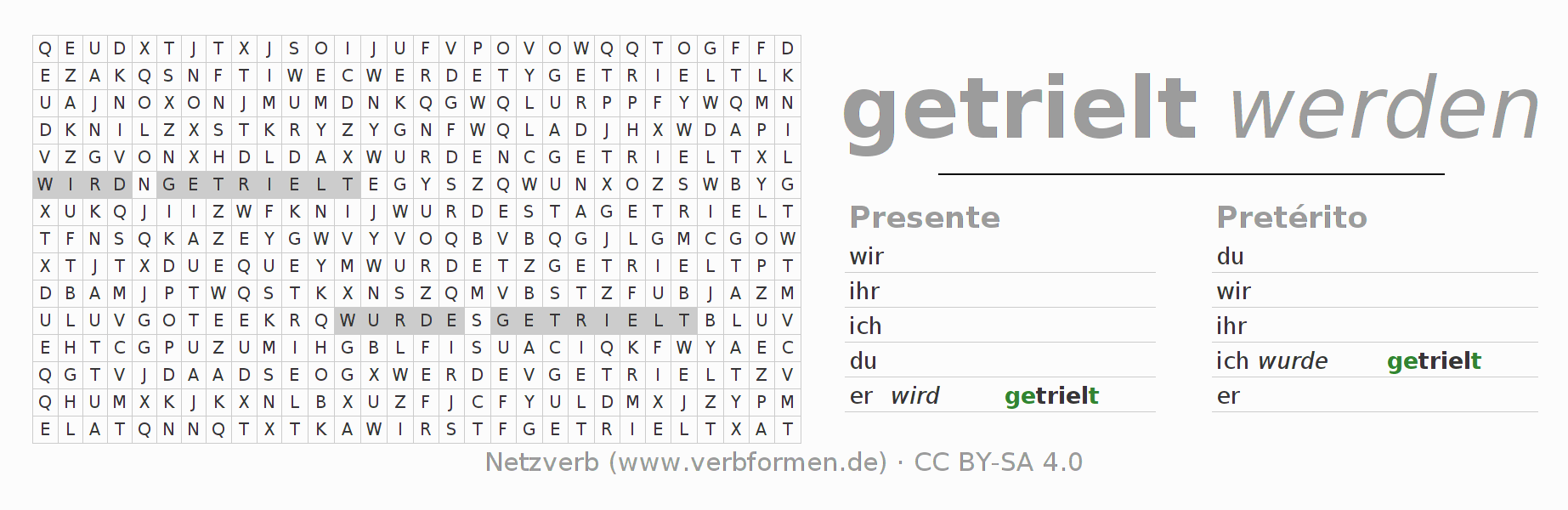 Caça-palavras com a conjugação do verbo trielen