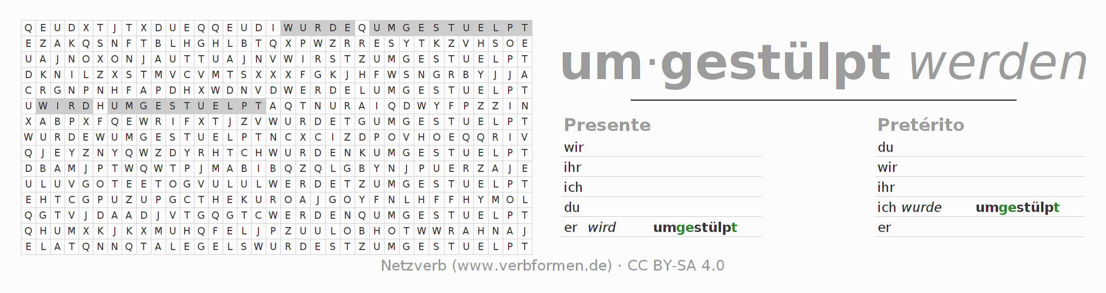 Caça-palavras com a conjugação do verbo umstülpen
