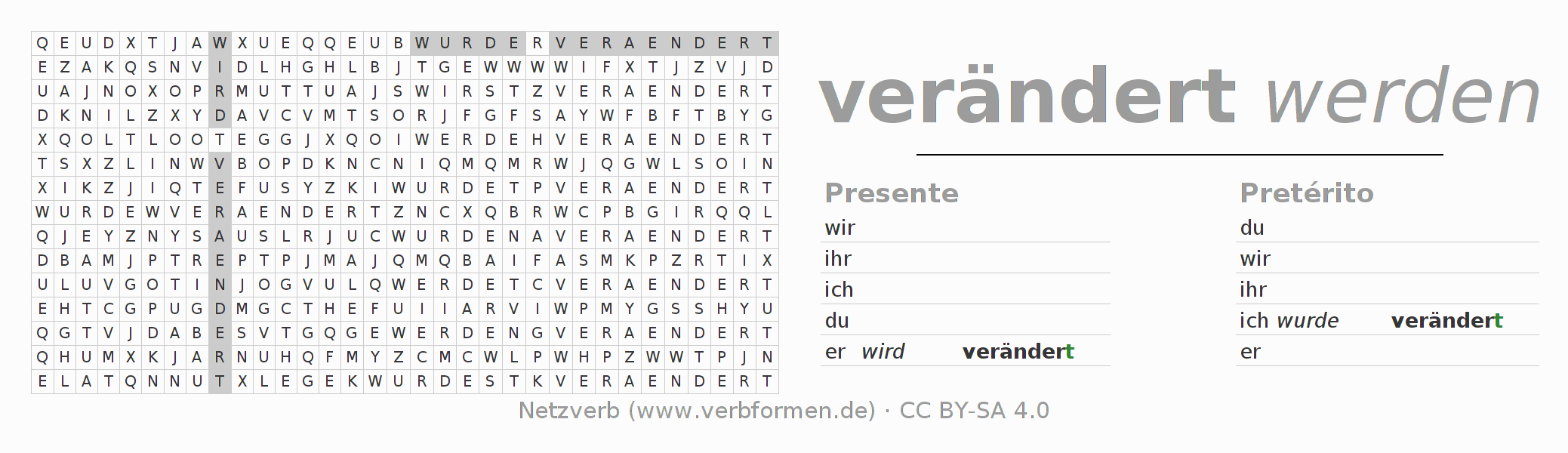 Caça-palavras com a conjugação do verbo verändern
