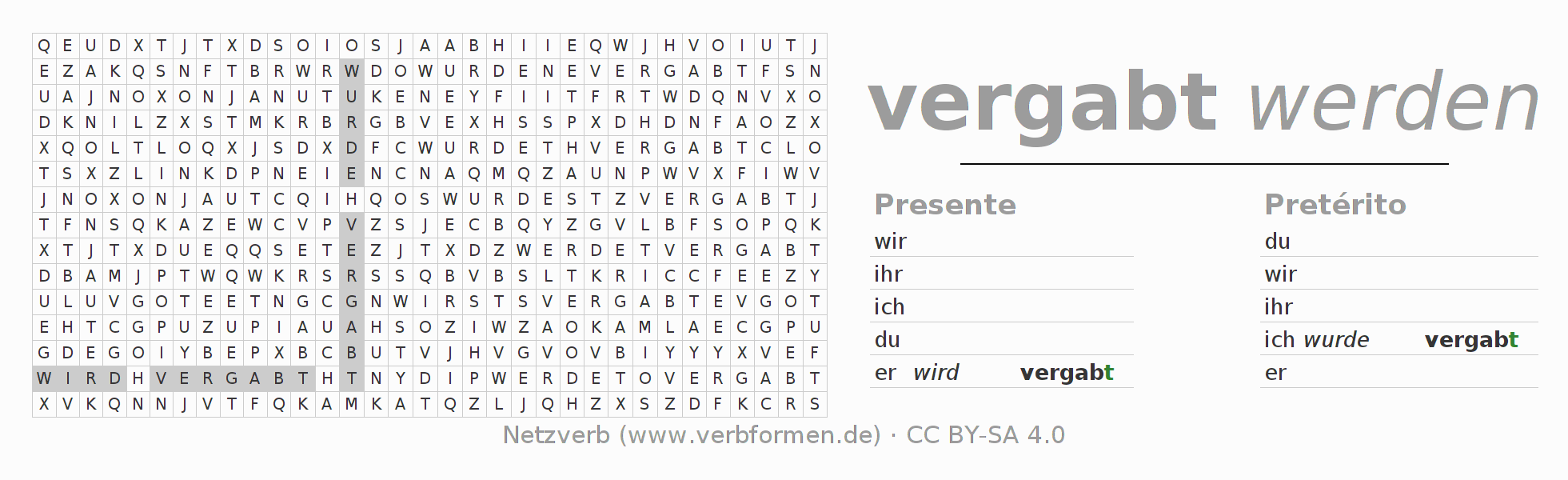 Caça-palavras com a conjugação do verbo vergaben