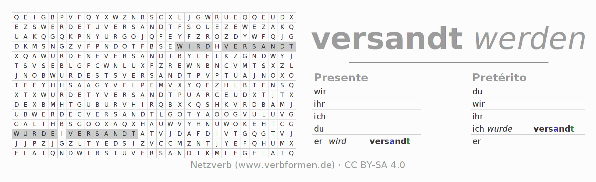 Caça-palavras com a conjugação do verbo versenden (unr)