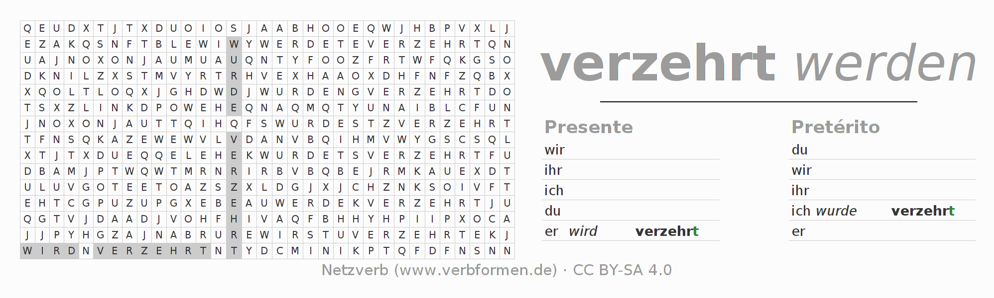 Caça-palavras com a conjugação do verbo verzehren