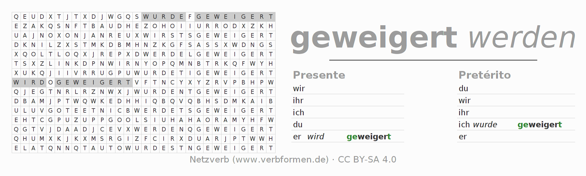 Caça-palavras com a conjugação do verbo weigern