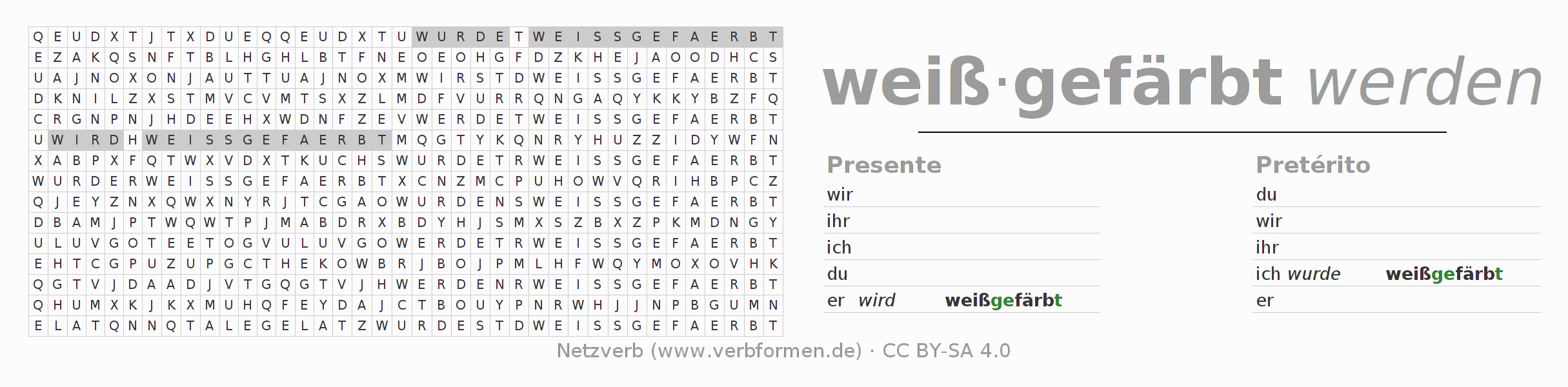 Caça-palavras com a conjugação do verbo weißfärben