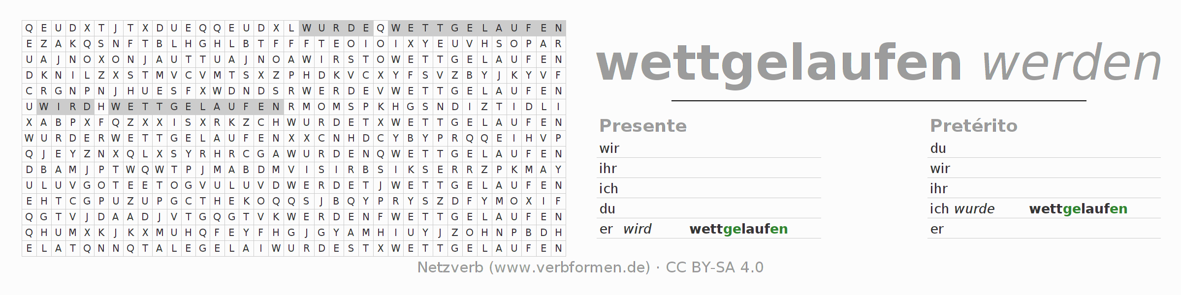 Caça-palavras com a conjugação do verbo wettlaufen (ist)