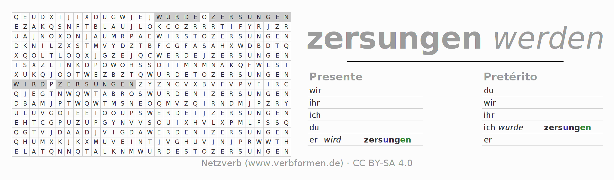 Caça-palavras com a conjugação do verbo zersingen
