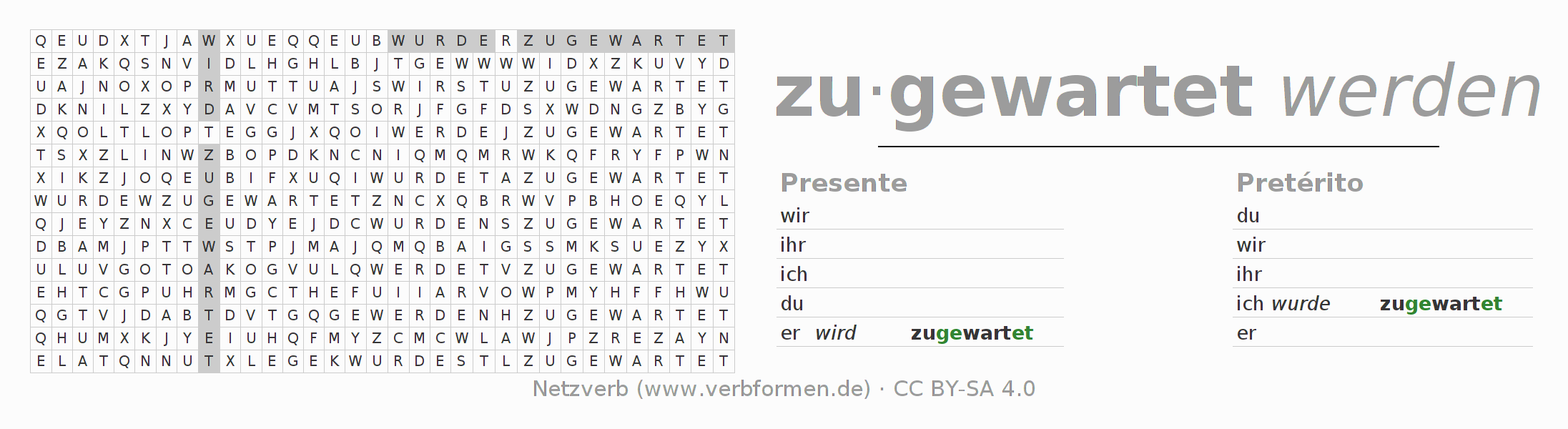Caça-palavras com a conjugação do verbo zuwarten